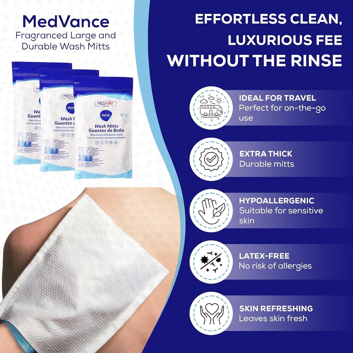 MedVance Fragranced Large and Durable Wash Mitts | Rinse Free Microwaveable Adult Bed Bath Durable Skin Cleansing Cloths | Wet Wash Gloves | Incontinence Wash Cloths | 3 Packs
