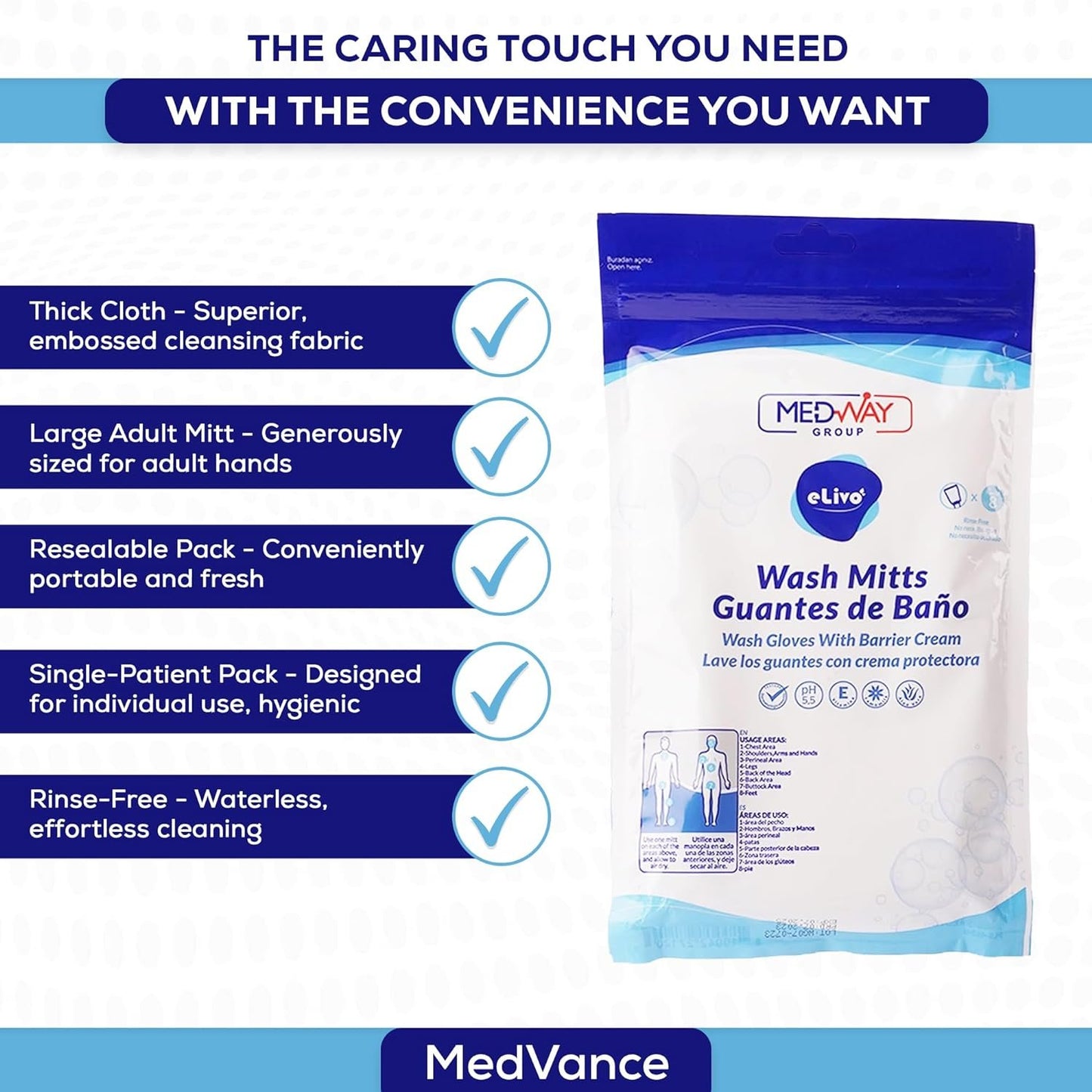 MedVance Fragranced Large and Durable Wash Mitts | Rinse Free Microwaveable Adult Bed Bath Durable Skin Cleansing Cloths | Wet Wash Gloves | Incontinence Wash Cloths | 3 Packs