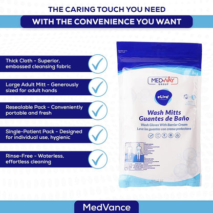 MedVance Fragranced Large and Durable Wash Mitts | Rinse Free Microwaveable Adult Bed Bath Durable Skin Cleansing Cloths | Wet Wash Gloves | Incontinence Wash Cloths | 3 Packs
