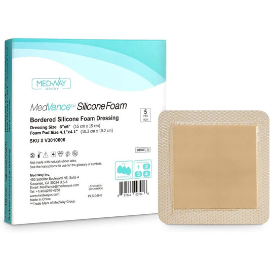 MedVance Silicone Bordered Adhesive Wound Dressing, 6"x6", Box of 5
