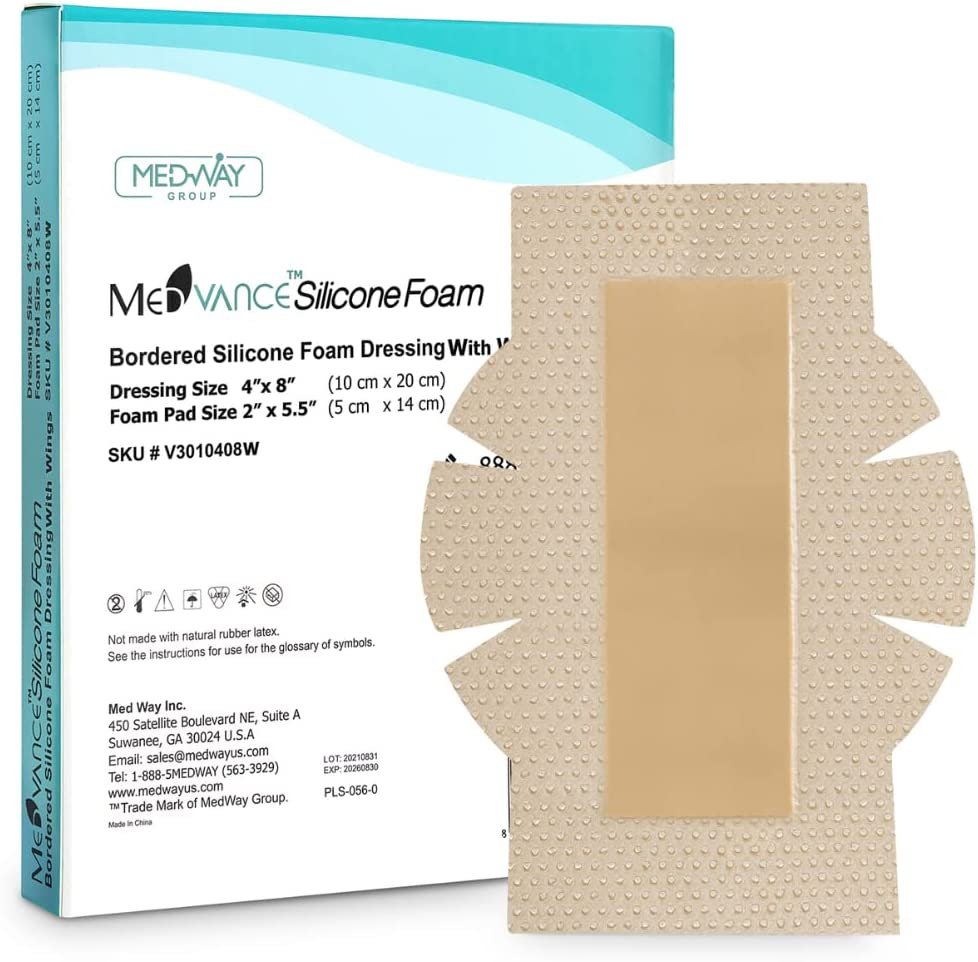 MedVance Silicone Bordered Adhesive Wound Dressing, 4"x8" w/ Wings, Box of 5