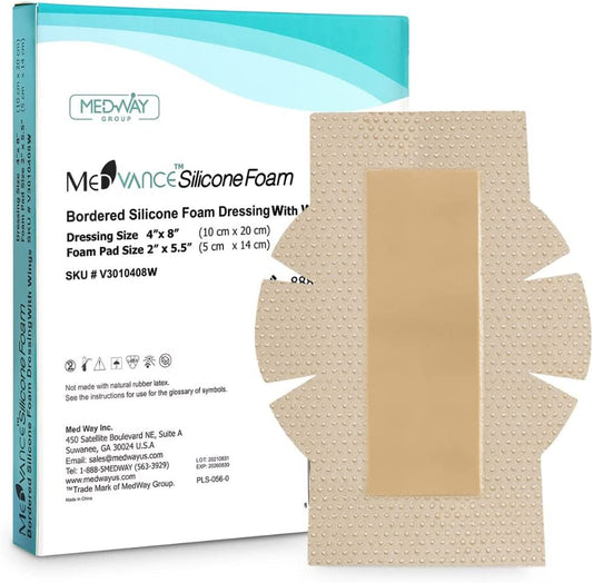MedVance Silicone Bordered Adhesive Wound Dressing, 4"x8" w/ Wings, Box of 5