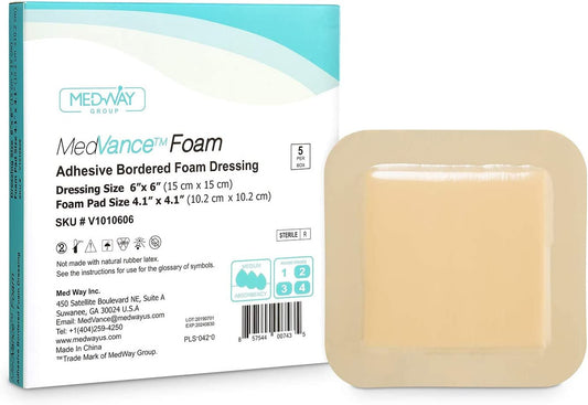MedVance Foam Bordered Adhesive Wound Dressing, 6"x6", Box of 5