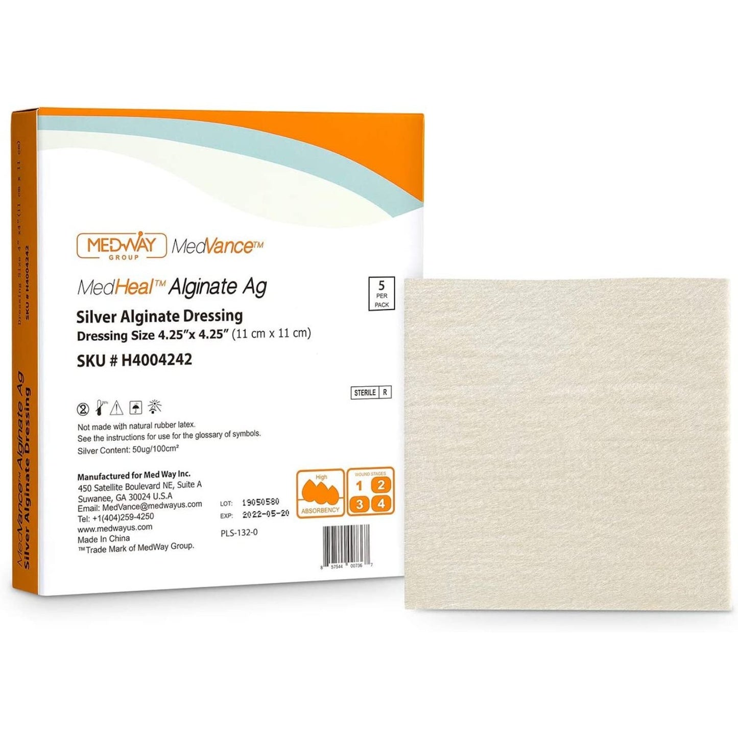 CuraVance Silver Calcium Alginate Non-Adhesive Wound Dressing, 4.25"x4.25", Box of 5