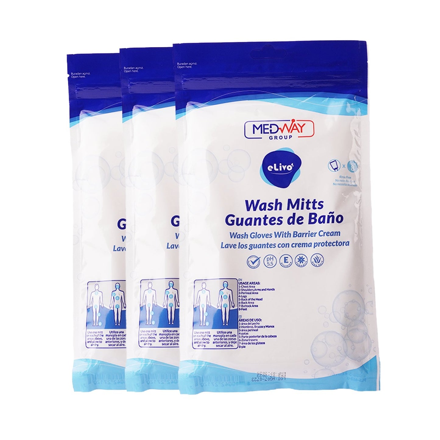 MedVance eLivo Fragranced Wash Mitts | Rinse Free Microwaveable Adult Bed Bath Skin Cleansing Cloths | Wet Wash Gloves | 3 Packs