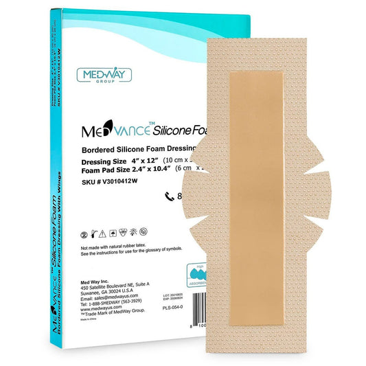 MedVance Silicone Bordered Adhesive Wound Dressing, 4"x12" w/ WIngs, Box of 5