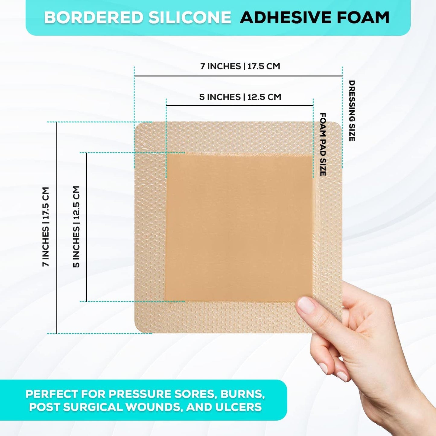 MedVance Silicone Bordered Adhesive Wound Dressing, 7"x7", Box of 5