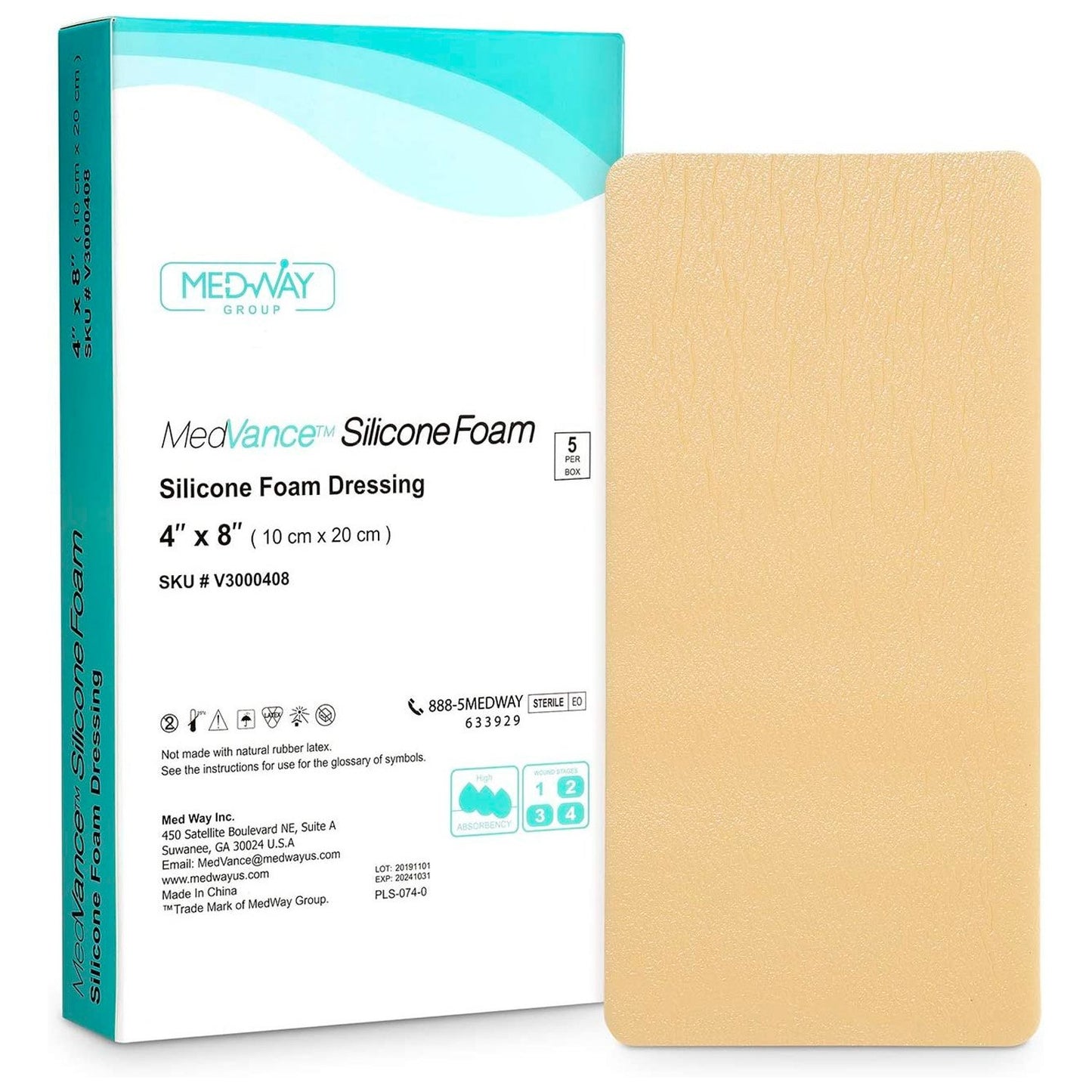 MedVance Silicone Non-Bordered Adhesive Wound Dressing, 4"x8", Box of 5