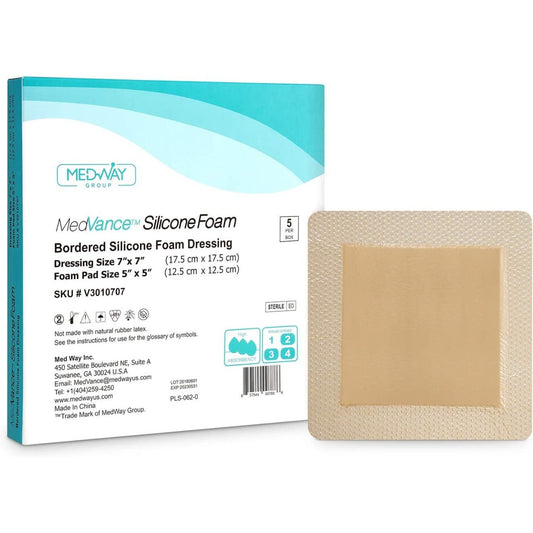 MedVance Silicone Bordered Adhesive Wound Dressing, 7"x7", Box of 5