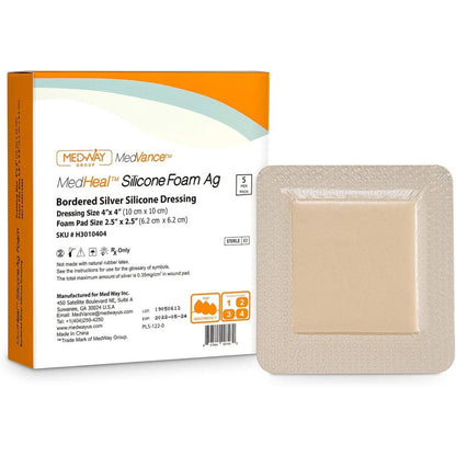 CuraVance Silver Silicone Bordered Adhesive Wound Dressing, 4"x 4", Box of 5